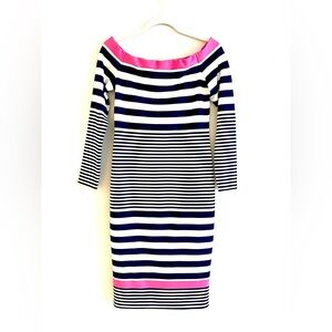 Eliza J Navy, Pink and White Off-Shoulder Sheath Dress